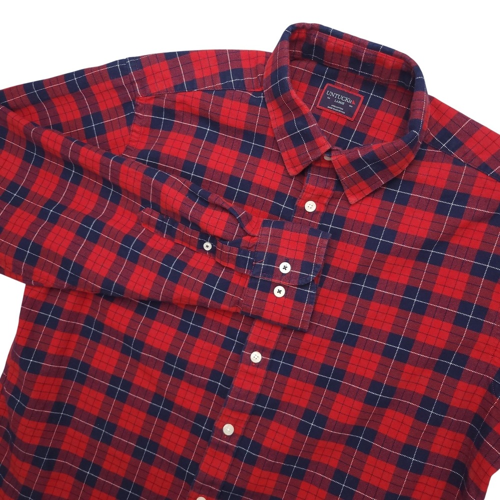 UNTUCKit Shirt Mens Large Red Navy Plaid Daumas Flannel Long Sleeve Button Up